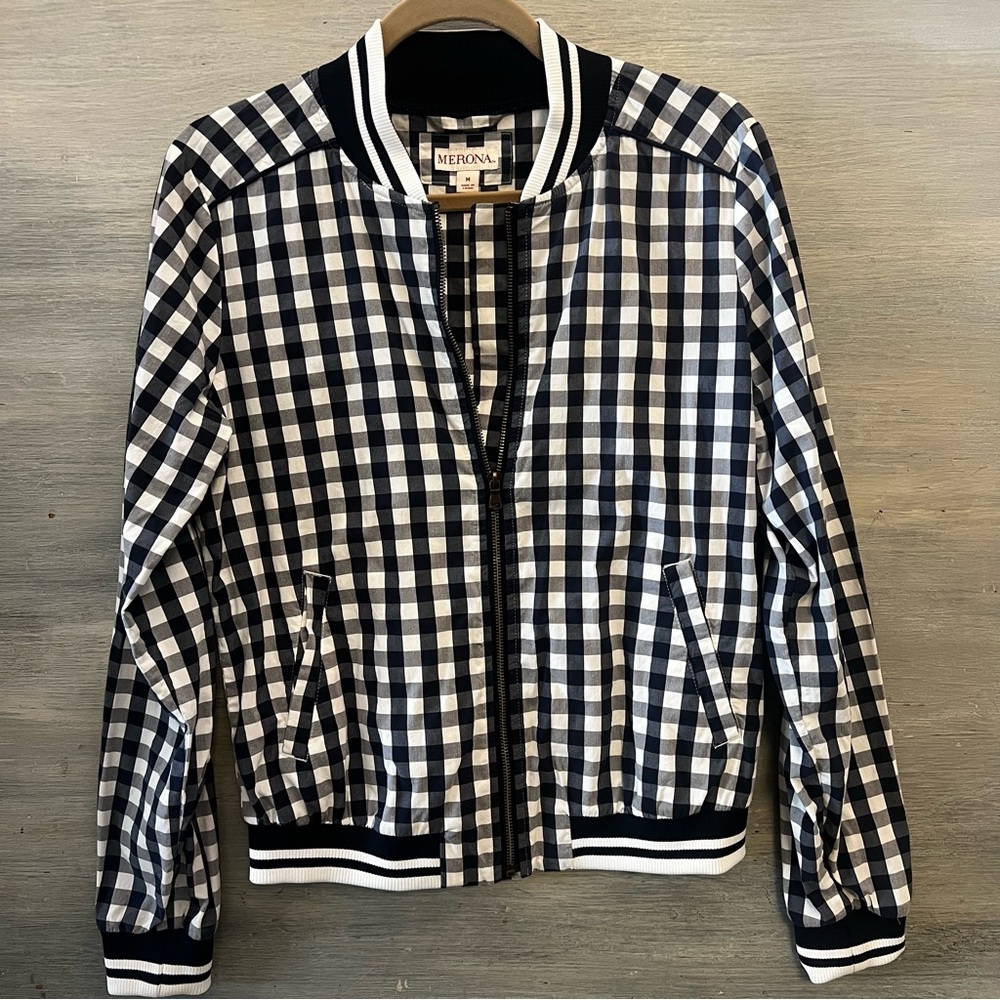 Merona White Navy Blue Check Bomber Jacket 70% Cotton Medium Like New